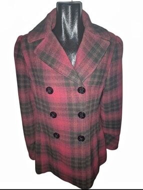 Steve Madden Red And Black Plaid Wool-Blend Mid-length Pea Coat Size Large